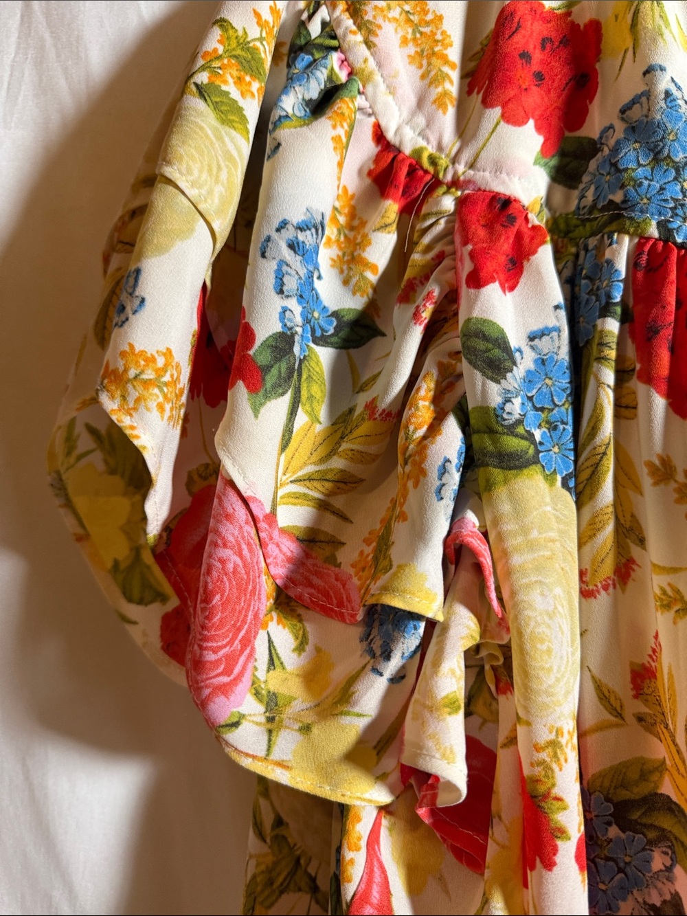 Rose & Olive Cream Floral Ruffle-Trim Tunic with Red, Blue & Yellow Blooms - Picture 8 of 9